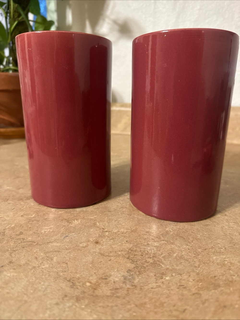 Pair Of vintage C R USA mid-century ceramic cylinder vases 6.5” Tall Dusty Rose